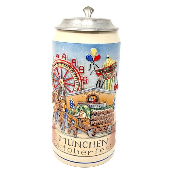 Oktoberfest Beer Stein Munchen Germany Pewter Lid Made in Stuttgart Lowenbrau - Picture 1 of 11